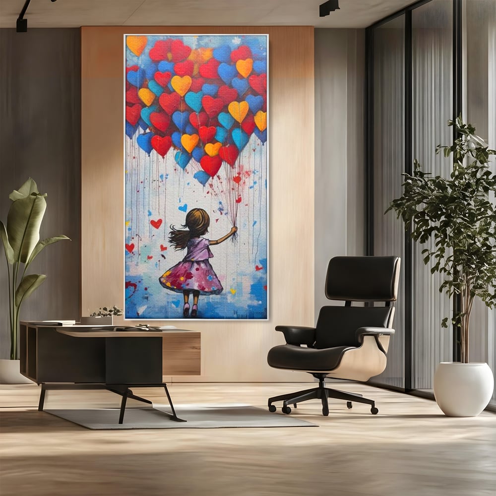 Tablou canvas cu tablou canvas cu fetita si baloane in forma de inima, in rama de aluminiu argintiu, pe perete intr-un birou